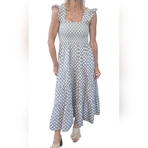 Kourt Blue White Smocked Maxi Dress Women’s Small Ruffle Sleeve Cotton Sundress